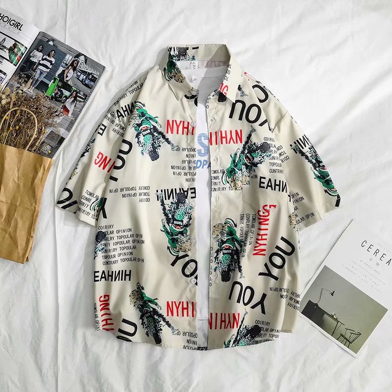 YJ Ღ『M-3XL』Spot Real Shot New Summer Trend Urban Fashion Wild Loose Comfortable Irregular English Printing Printed Men's Short-sleeved Shirt