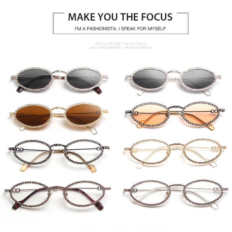 Kính Mát Gọng Oval Kim Loại Đính Đá Thời Trang Cho Nữ