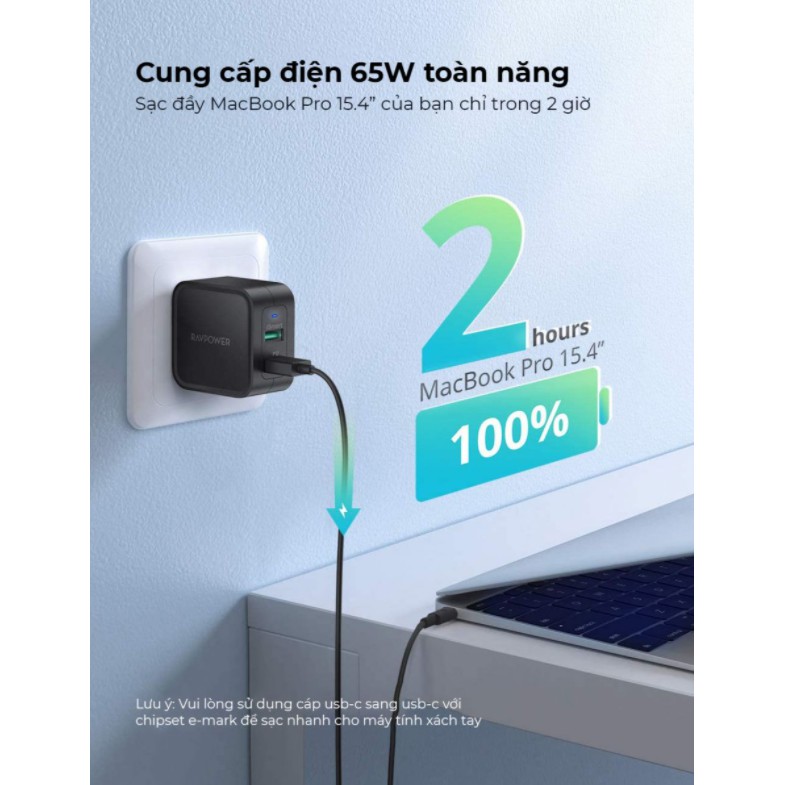 Củ Sạc Nhanh GaN 65W RavPower PD 2 cổng (USB + C) RP-CPCN002 cho IP 6 7 8 Plus 10 11 12 Pro max x xs