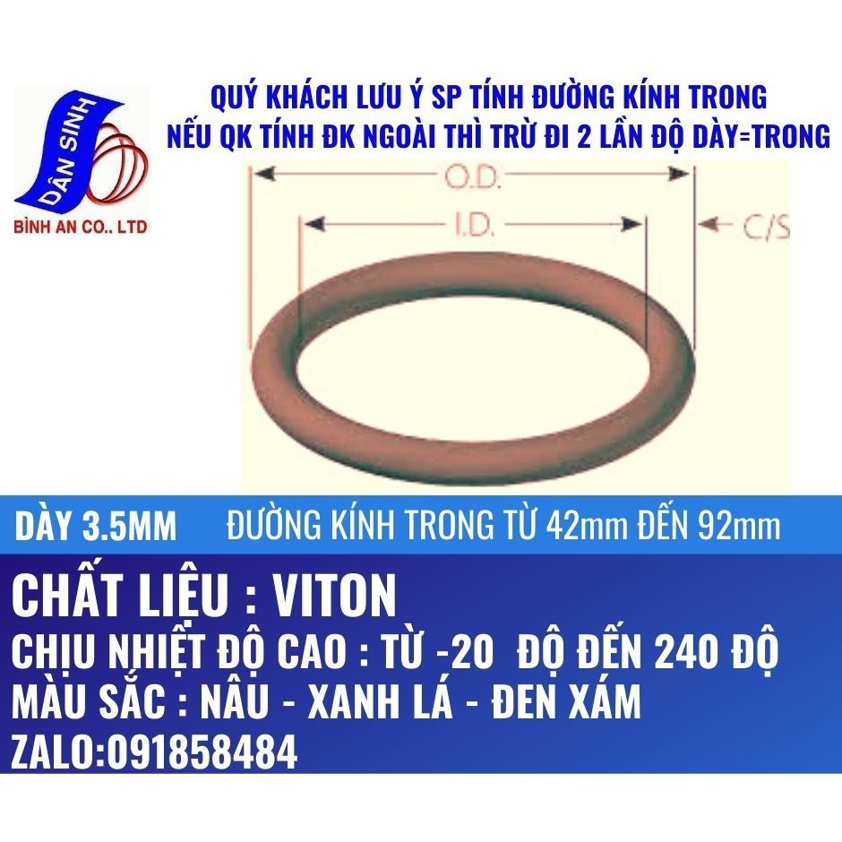 Dày 3.5mm * (42mm đến 92mm Đường kính trong)Gioăng VITON/FKM chịu nhiệt cao