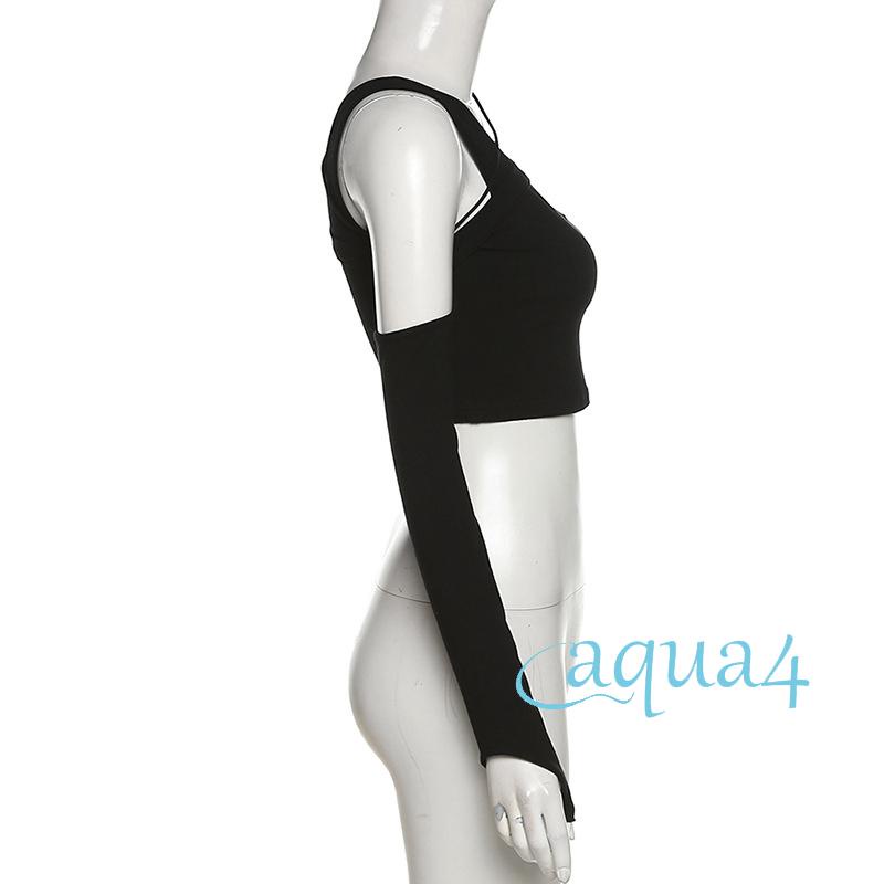 Anana-áo Croptop Tay Dài Hở Lưng Ôm Dáng Phối Nhãn Dán Cho Nữ