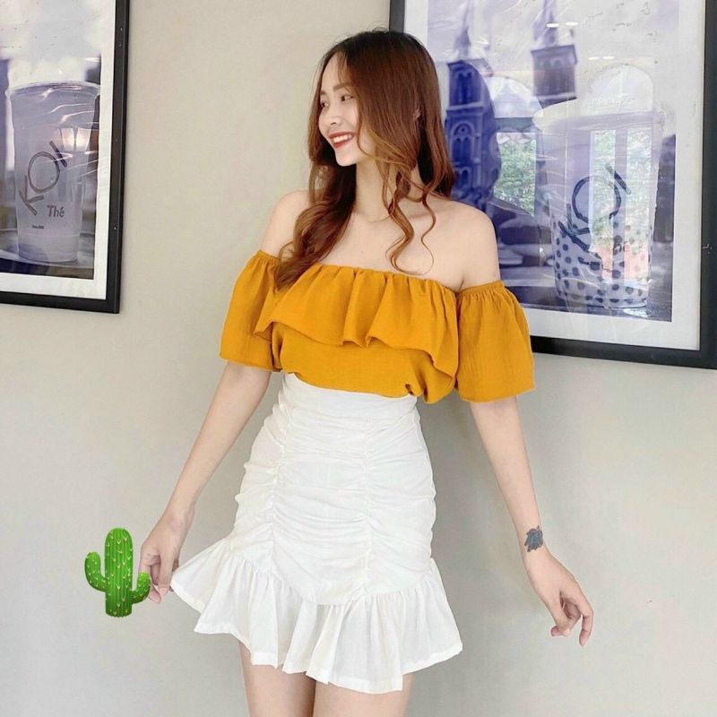 Áo Voan Trễ Vai Bánh Bèo Bẹt Vai Croptop Tay Ngắn Nữ Kiểu Hở Vai Viền ren NG23212 mới