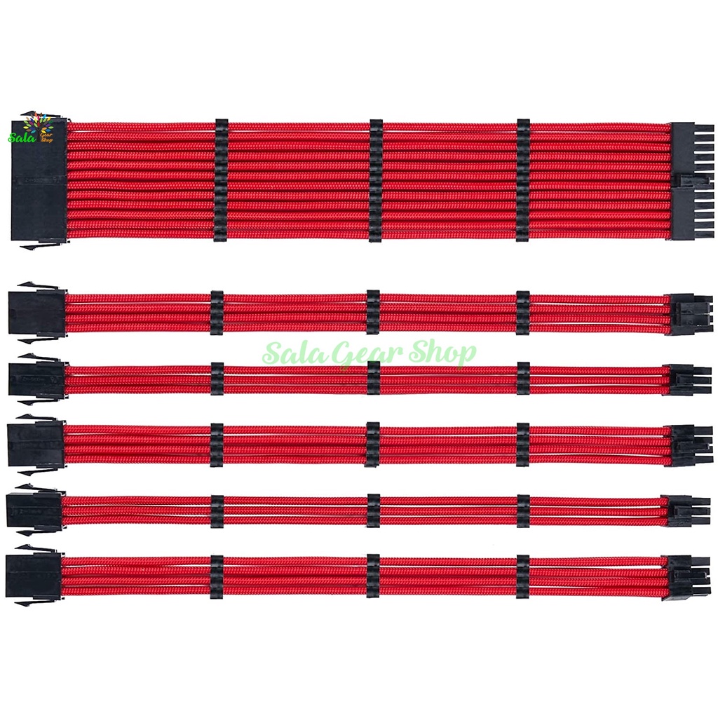 Dây nguồn bọc lưới nối dài Full Bộ (24Pin,x3 8Pin, x2 6Pin) Full Đỏ