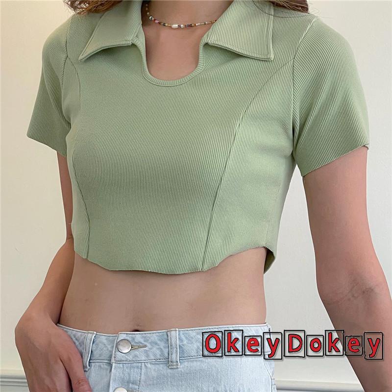 Áo Croptop Tay Ngắn Cổ Bẻ Màu Trơn Thời Trang Mùa Hè Cho Nữ