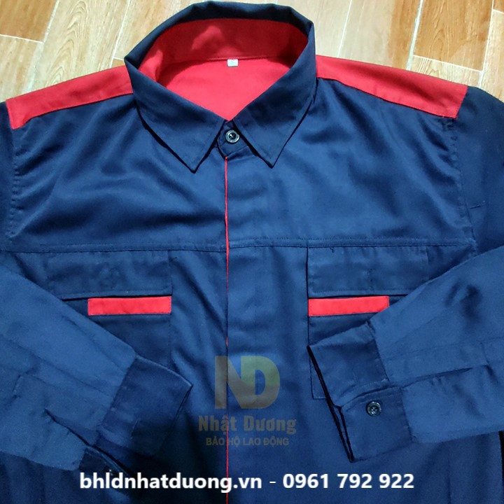 Quần áo bảo hộ lao động nam nữ TB11 vải kaki 65/35 màu xanh tím than phối đỏ -Nsafe