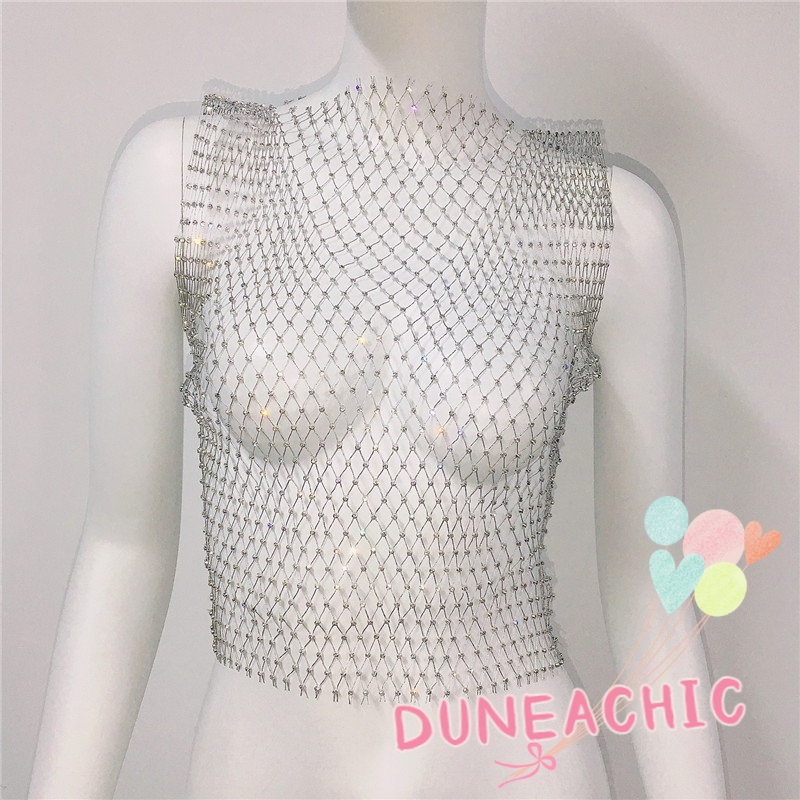 DUNEA Áo hai dây phối lưới lấp lánh quyến rũ cho nữ