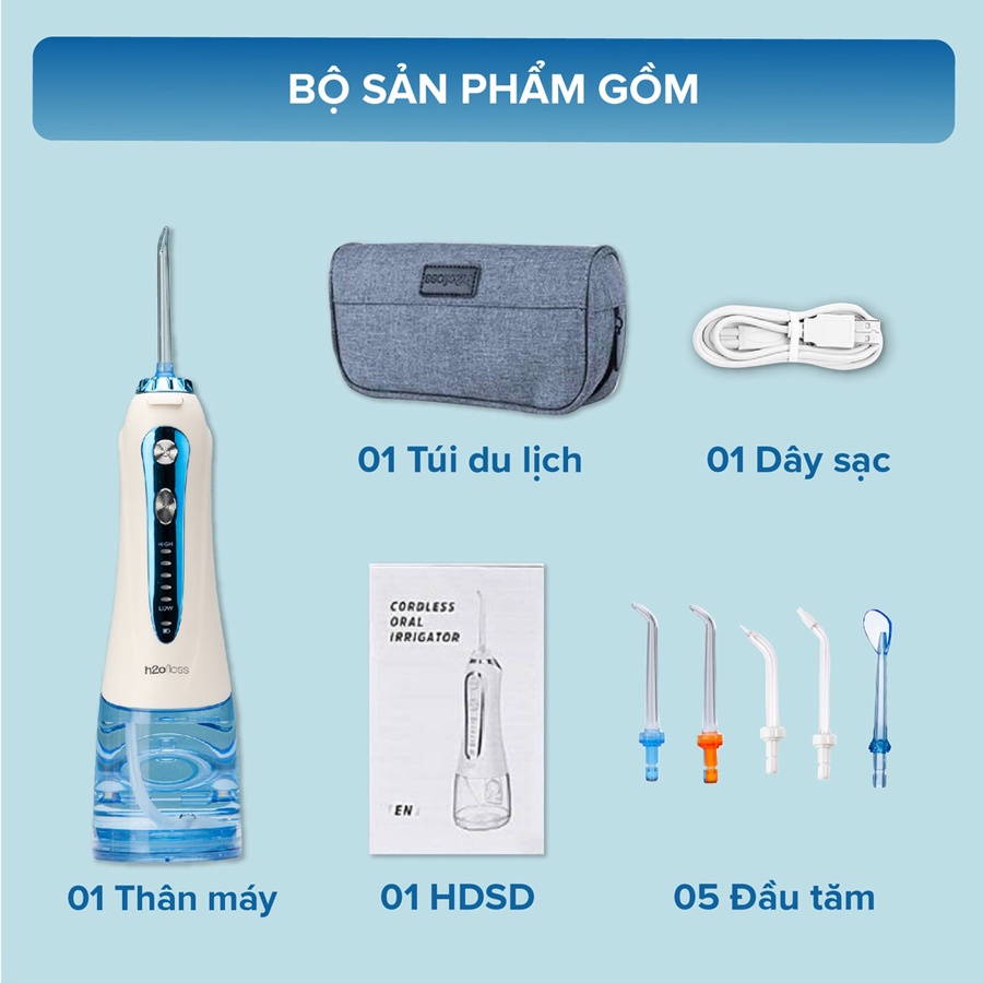 Máy tăm nước cao cấp cầm tay H2OFloss HF9P - Tặng Kèm Túi Đựng - Công Nghệ Chống Nước IPX7 - Phiên Bản Mới Nhất 2022