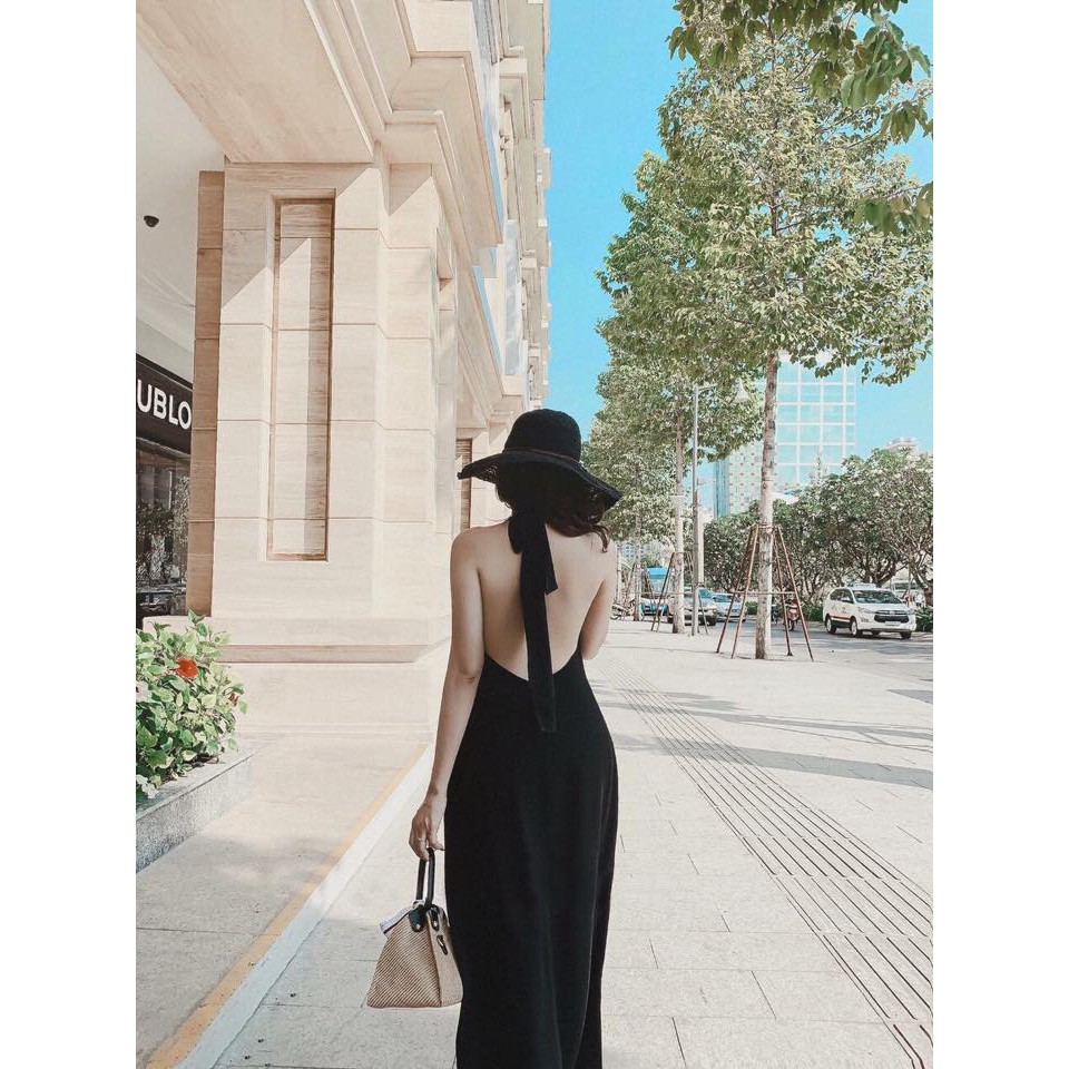 Đầm maxi cổ yếm hở lưng chất liệu lụa pháp 3 màu siêu xinh