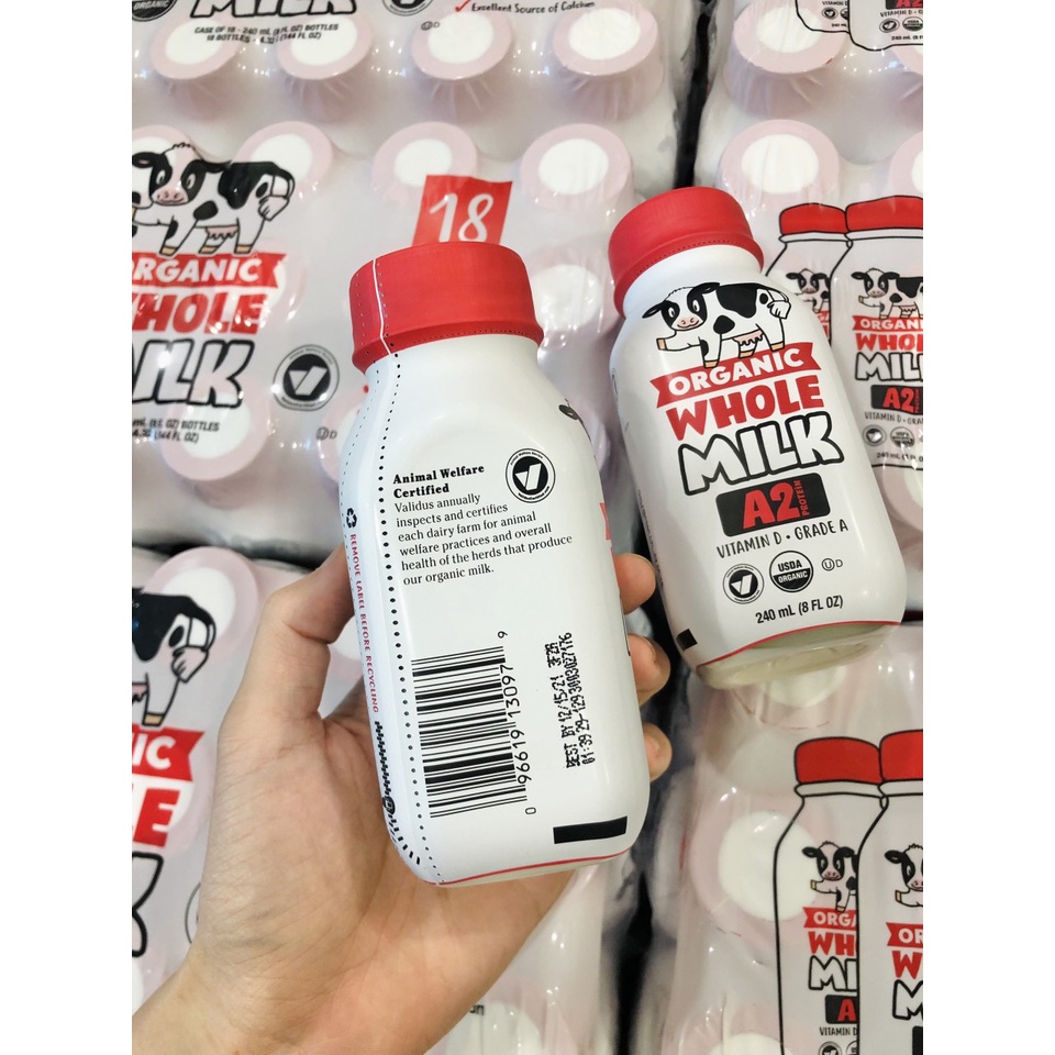 (Tách lẻ log 3 chai ) Sữa tươi A2 Organic Whole Milk - Sữa bò tươi A2 Organic nguyên chất