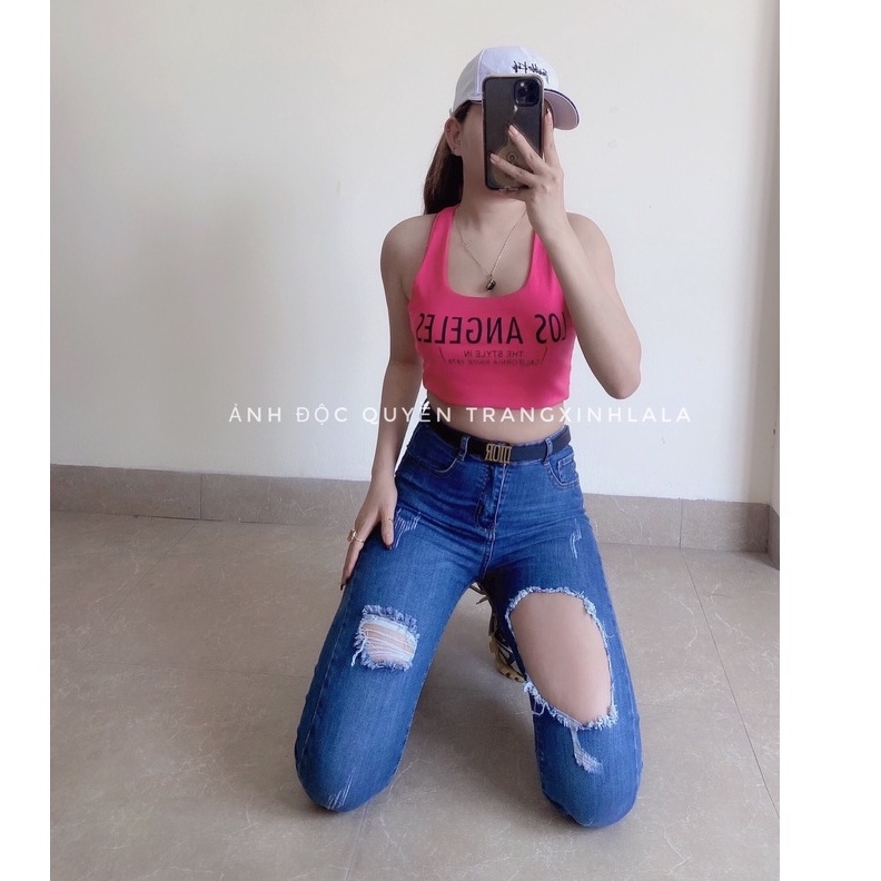 Quần jean nữ lưng cao rách gối co giãn - Quần bò nữ cạp cao rách gối dáng ôm chất jeans đẹp cao cấp Senorita