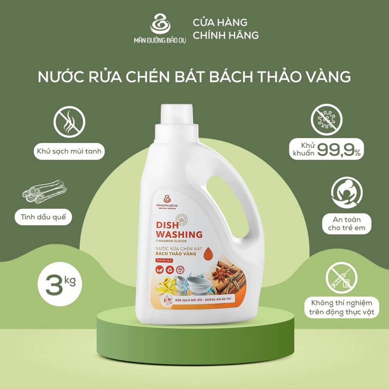 Nước Rửa Chén Bát Hương Quế, Bách Thảo Vàng 3L, Mãn Đường Bảo Dụ, Không Hại Da Tay