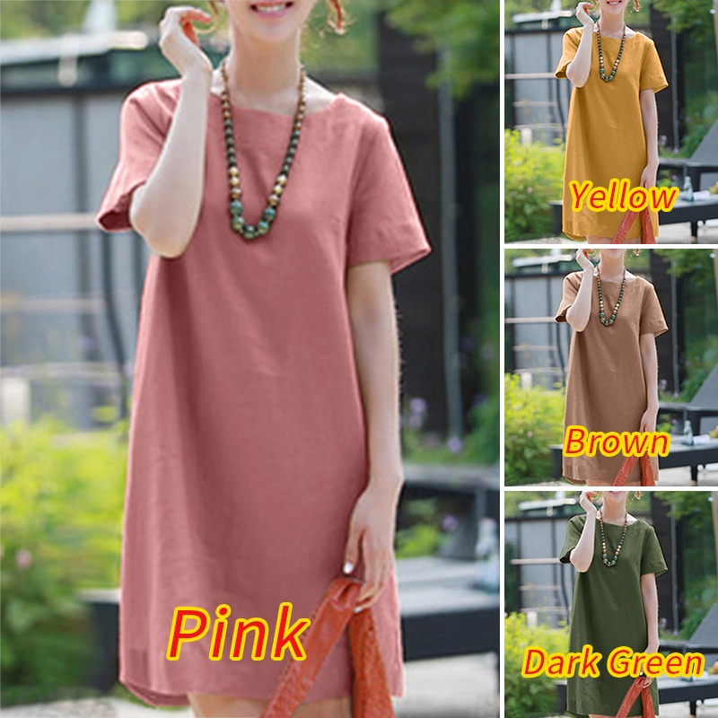 Zanzea Đầm Midi Cotton Ngắn Tay Phong Cách Retro Đơn Giản Cho Nữ