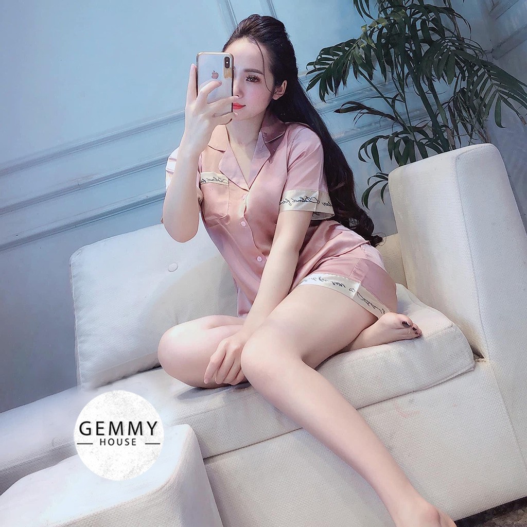 Bộ ngủ lụa cộc tay , pijama nữ lụa hàn cao cấp Gemmy House