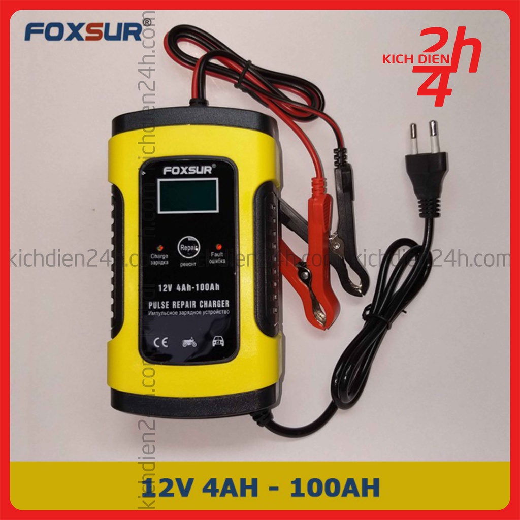 Sạc bình ắc quy ô tô xe máy 12V 4Ah - 100Ah FOXSUR tự ngắt khi đầy chức năng bảo dưỡng phục hồi ắc quy bằng khử sunfat