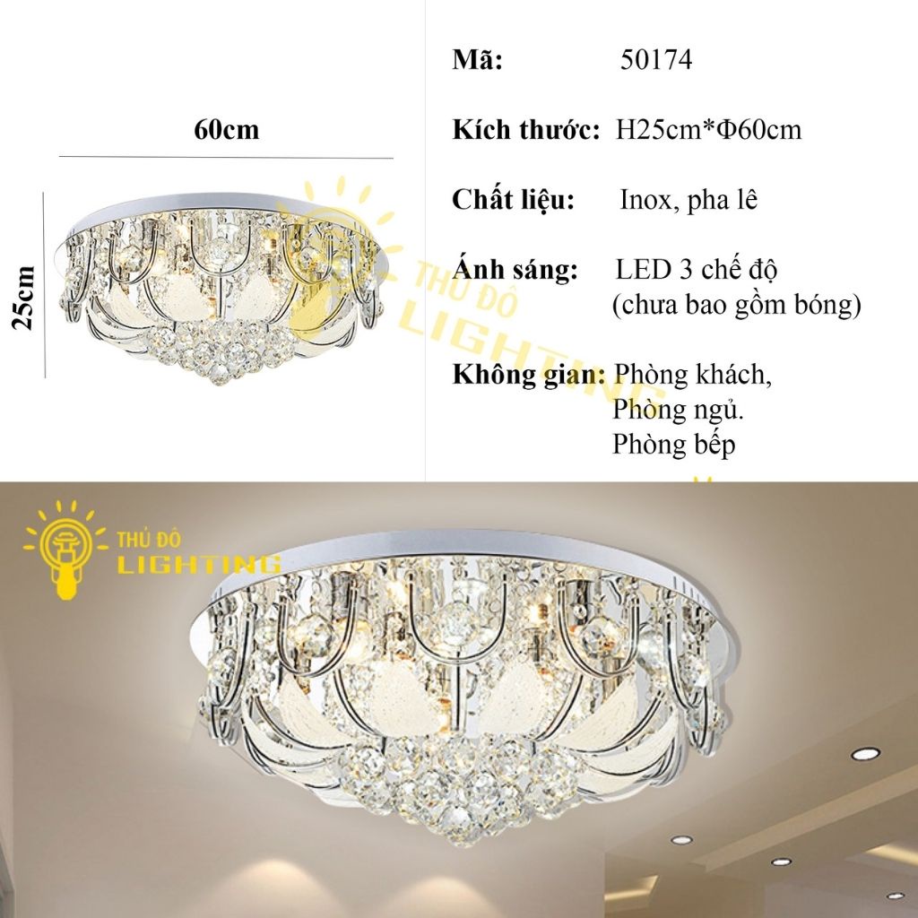 Đèn Ốp Trần Phòng Khách Pha Lê Tròn THỦ ĐÔ LIGHTING Sử Dụng Hoàn Toàn Pha Lê Trắng Được Mài Dũa Tỉ Mỉ Tinh Tế 50174-600