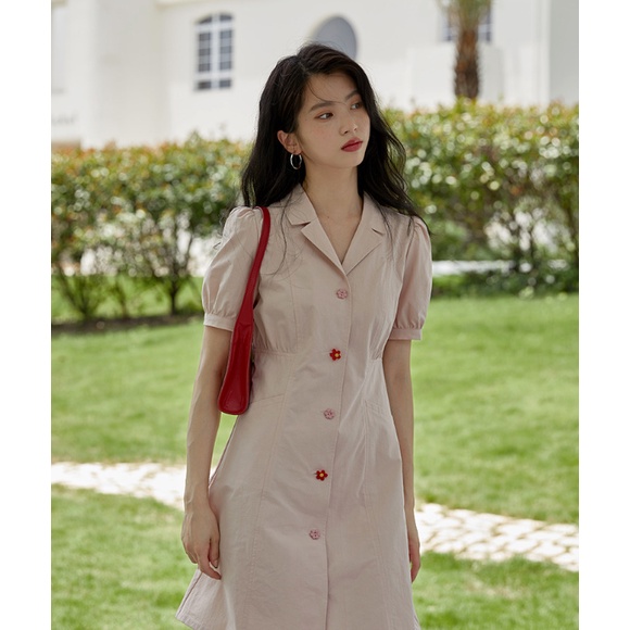 Hannah Dress đầm kaki cúc hoa nhỏ tay bồng cổ Vest thanh lịch Layla Corner - Laylaland