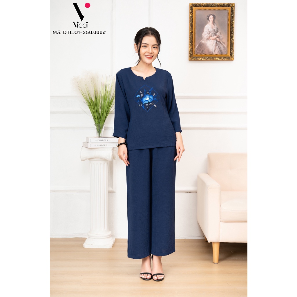 [BST Mới] Bộ mặc nhà trung niên cho mẹ, bà Vicci DTL01-DTL02 thiết kế tay lỡ quần dài, chất liệu vải đũi chun mềm mịn