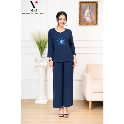 Bộ mặc nhà trung niên cho mẹ, bà Vicci DTL01- 02 - 03 tay lỡ quần dài, chất liệu vải đũi chun mềm