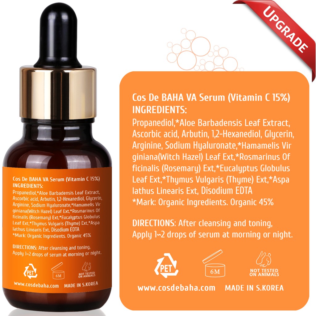 Serum Vitamin C De BAHA Vitamin C 15% + Vitamin B5 Giúp Hỗ trợ giảm mụn Đầu Đen Làm Trắng Da Và Hỗ trợ giảm sẹo Mụn Chống Lão Hóa 1fl oz  Làm Trắng Da Hàn Quốc
