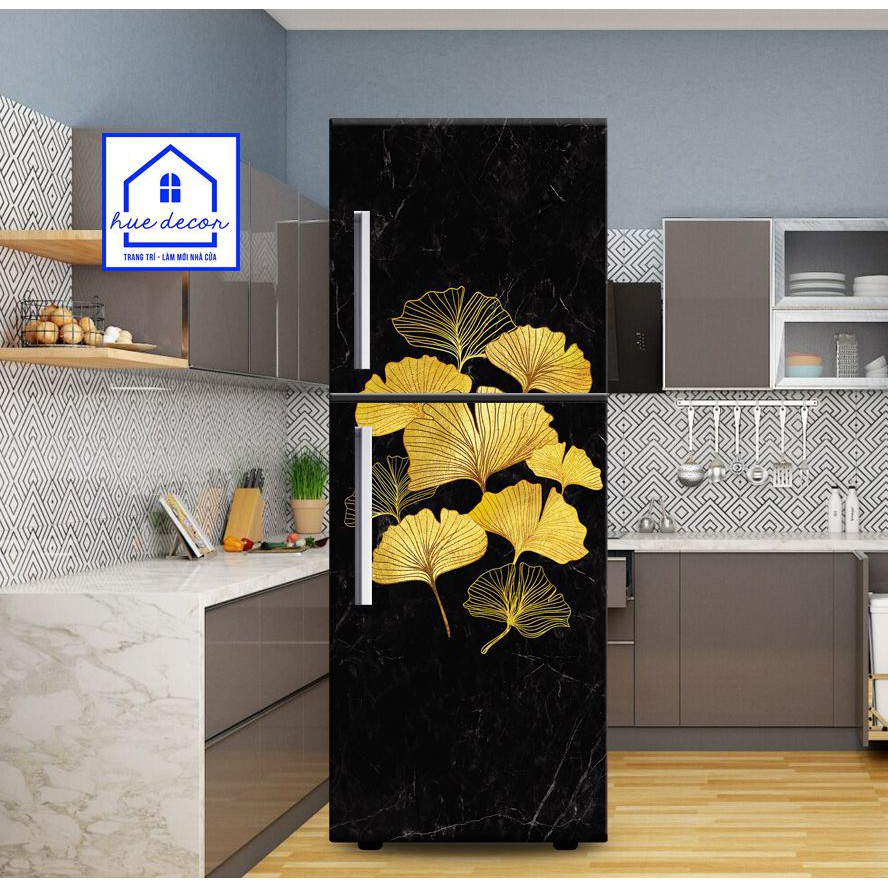 Decal dán tủ lạnh vân đá khảm hoa vàng sang trọng  HUE DECOR  siêu bền, chống nước, đủ  kích thước