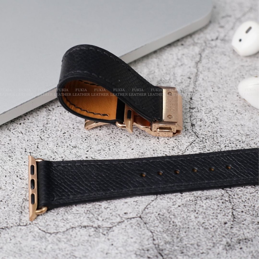 Dây da thủ công Epsom Đen dành cho Apple Watch, đồng hồ thông minh, đồng hồ cơ