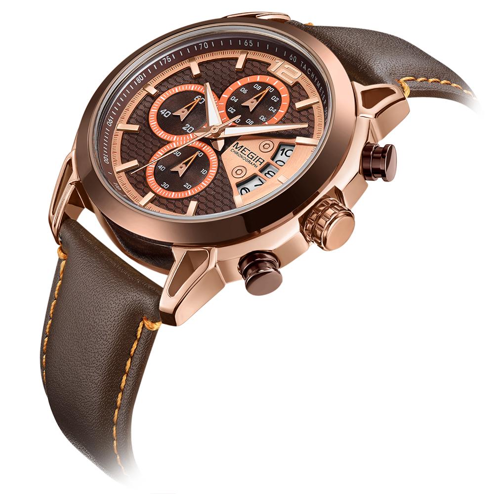MEGIR 2071 Real 3 Dials Chronograph Luminous Date Display Leather