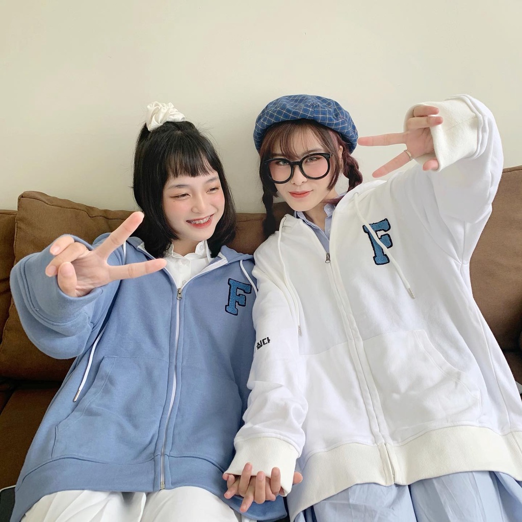 Áo khoác Hoodie Zip Fusionism Thêu Logo Ngực / Màu Trắng / Unisex Nam Nữ