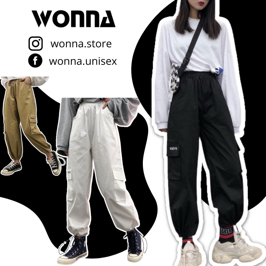 (CÓ SẴN + Kèm ảnh thật} Quần jogger box pant túi hộp đáy cao trắng đen be unisex oversize Hàn street style túi rút kaki