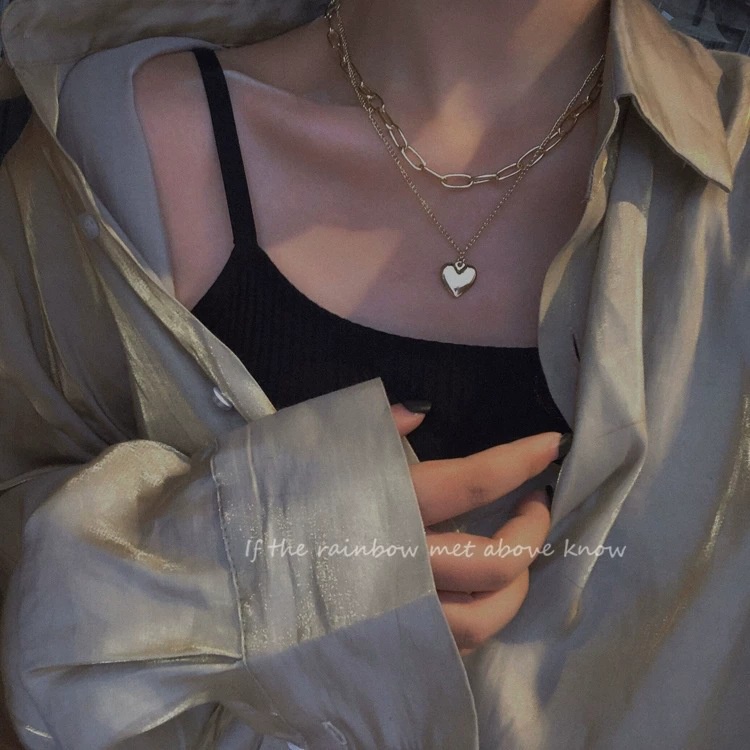 Vòng Cổ Choker Hai Lớp Mặt Trái Tim Kim Loại Phong Cách Harajuku Cổ Điển Dành Cho Nữ