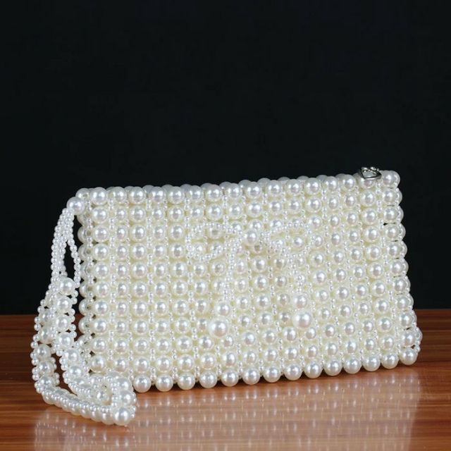 Ví cầm tay kết hạt cườm giả ngọc trai handmade đính nơ thời thượng