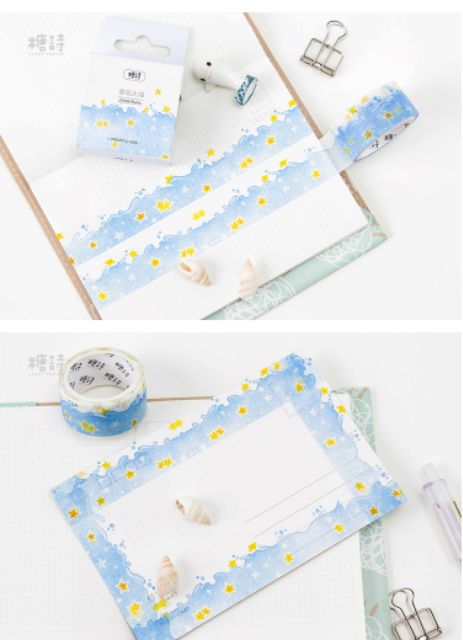 Băng dính trang trí Washi tape mẫu MẶT TRĂNG TÍM VÀ SAO NƯỚC LUNG LINH