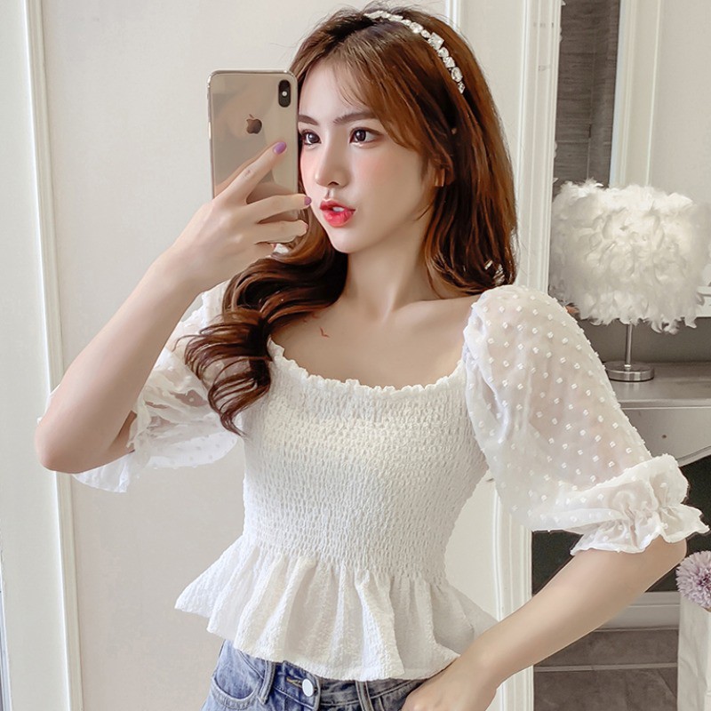 Áo crop top chiffon mỏng cổ vuông kiểu Pháp