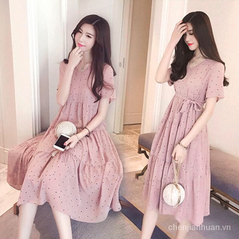 váy bầu dự tiệc hoa nhí 2 dây Thai Sản 2021Mới Mùa Hè Thời Trang Mẹ Triều Chiffon Hàn Quốc Nhỏ Chấm Bi Mùa Hè Cho Phụ Nữ Mang Thai