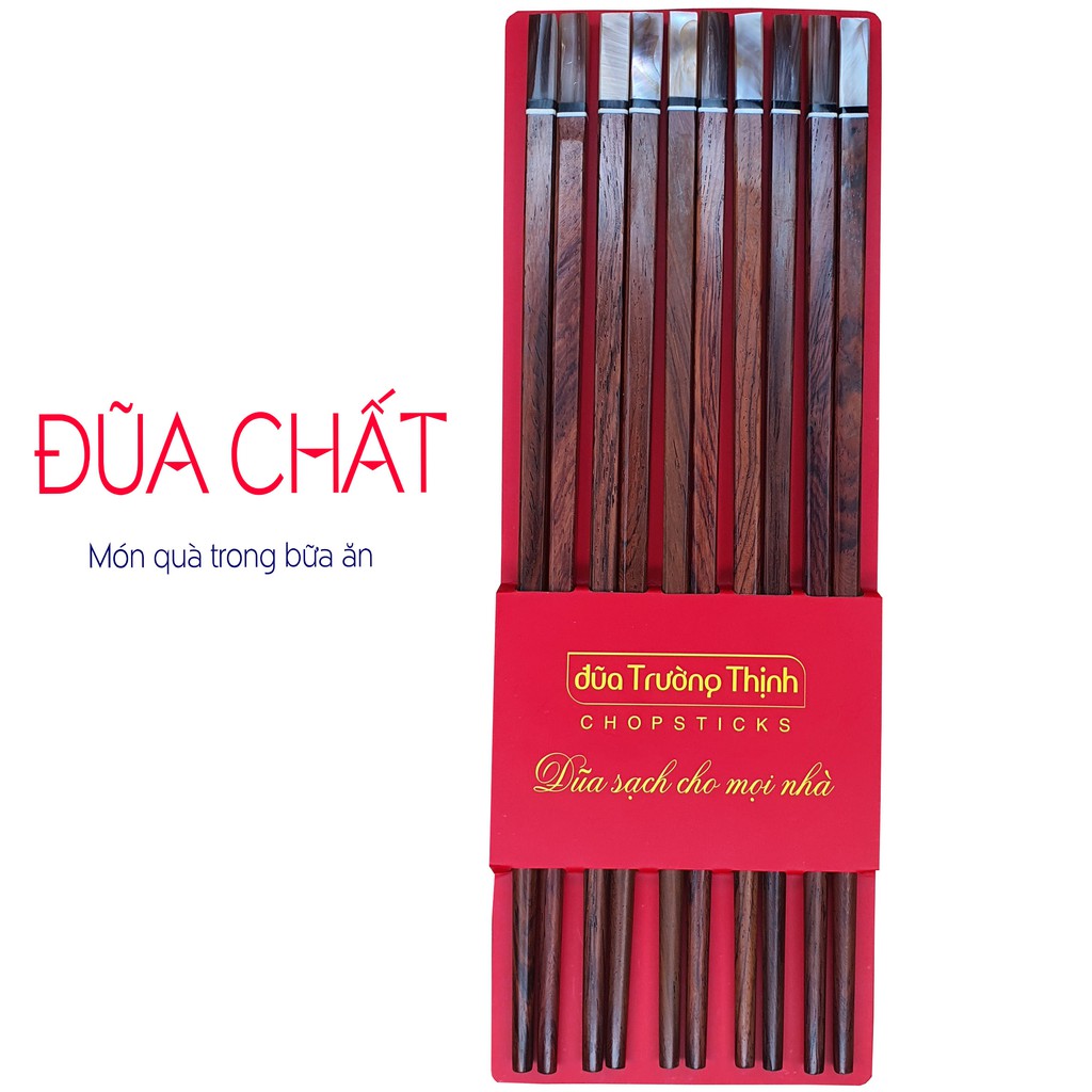 Đũa Gỗ Trắc Cao Cấp TRƯỜNG THỊNH Đầu Gắn Ngọc Màu Hồng - Hộp Màu Đỏ - 10 Đôi Vuông.