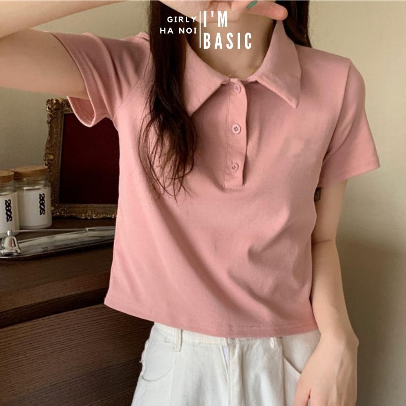 Áo croptop I'm Basic Girly nữ màu trắng cổ polo vải cotton co giãn thoáng mát croptop ngắn tay thun đẹp (APL02) | BigBuy360 - bigbuy360.vn