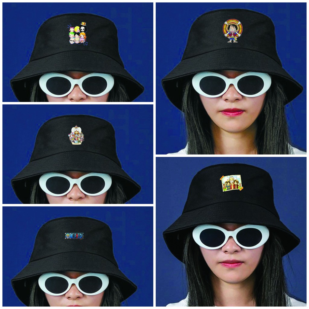 Mũ bucket đen in hình One Piece Đảo Hải Tặc Luffy Bang Mũ Rơm anime chibi nón đen đi học thời trang nam nữ phong cách