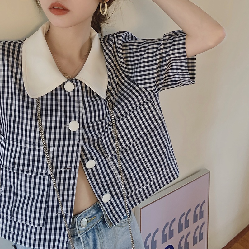 Áo Sơ Mi Tay Ngắn Họa Tiết Sọc Caro Xinh Xắn Thời Trang Mùa Hè Cho Nữ