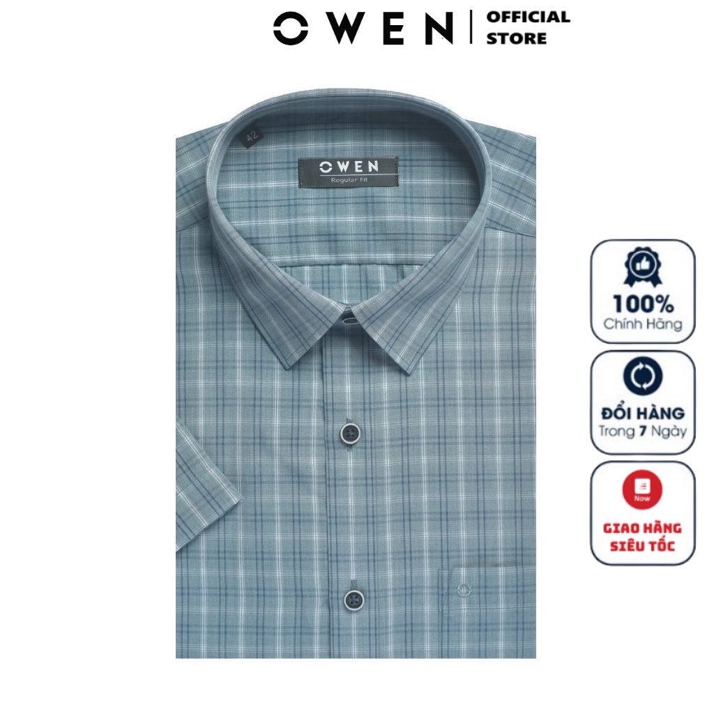Áo Sơ Mi Nam Ngắn Tay OWEN AR220084NT Somi Công Sở Cao Cấp Màu Caro Xanh Rêu Navy Vải Sợi Sen Dáng Suông Tà Lượn Có Túi