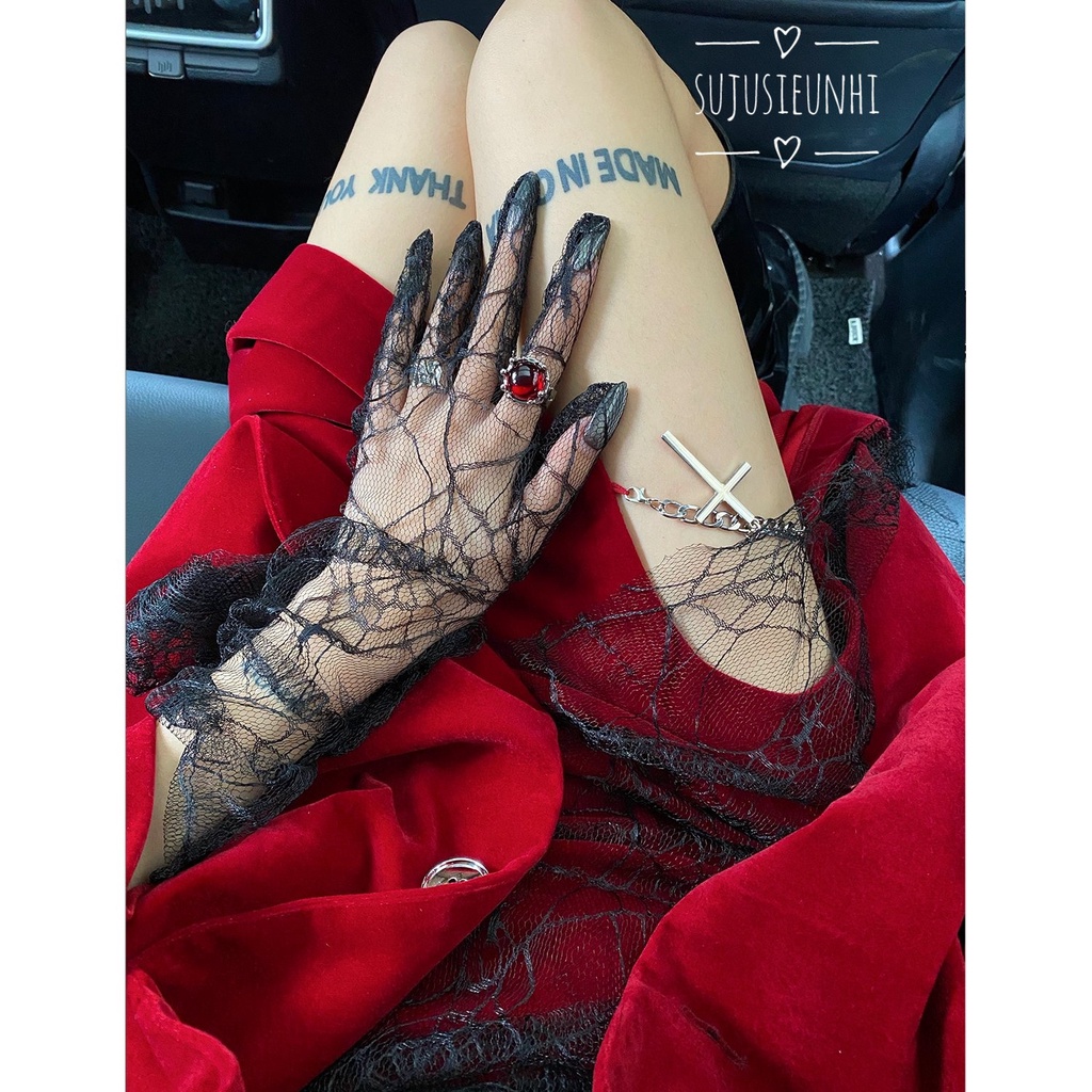 Găng tay voan lưới mỏng màu đen dạng dài tạo hình mạng nhện phong cách Gothic, Punk
