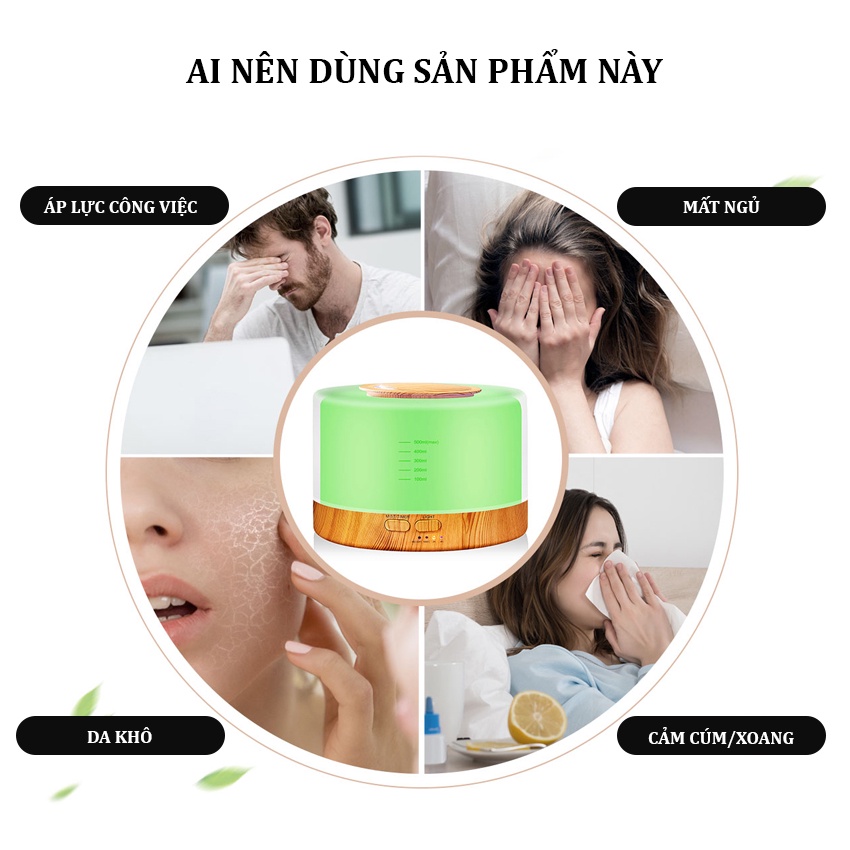 Máy xông tinh dầu，máy khuếch tán tinh dầu trụ trong 500ml ，Led 7 màu có điều khiển từ xa
