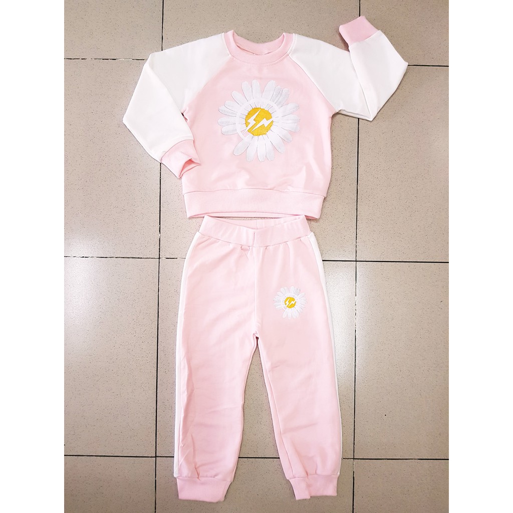 Bộ thun cotton da cá tay dài in hoa cúc ấm áp cho bé gái