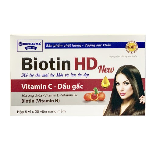 Viên uống Biotin HD New - Dầu Gấc - Vitamin E - Sữa ong chúa - Vitamin B2 - Hỗ trợ đẹp da, tóc chắc khỏe - Châu Ngân