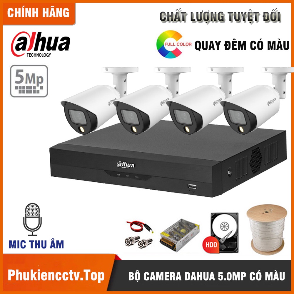 Bộ Camera Giám sát DAHUA 5.0MP Có Mic thu âm, Quay đêm có màu - Trọn bộ 4 Camera 5.0mp Kèm đầy đủ phụ kiện