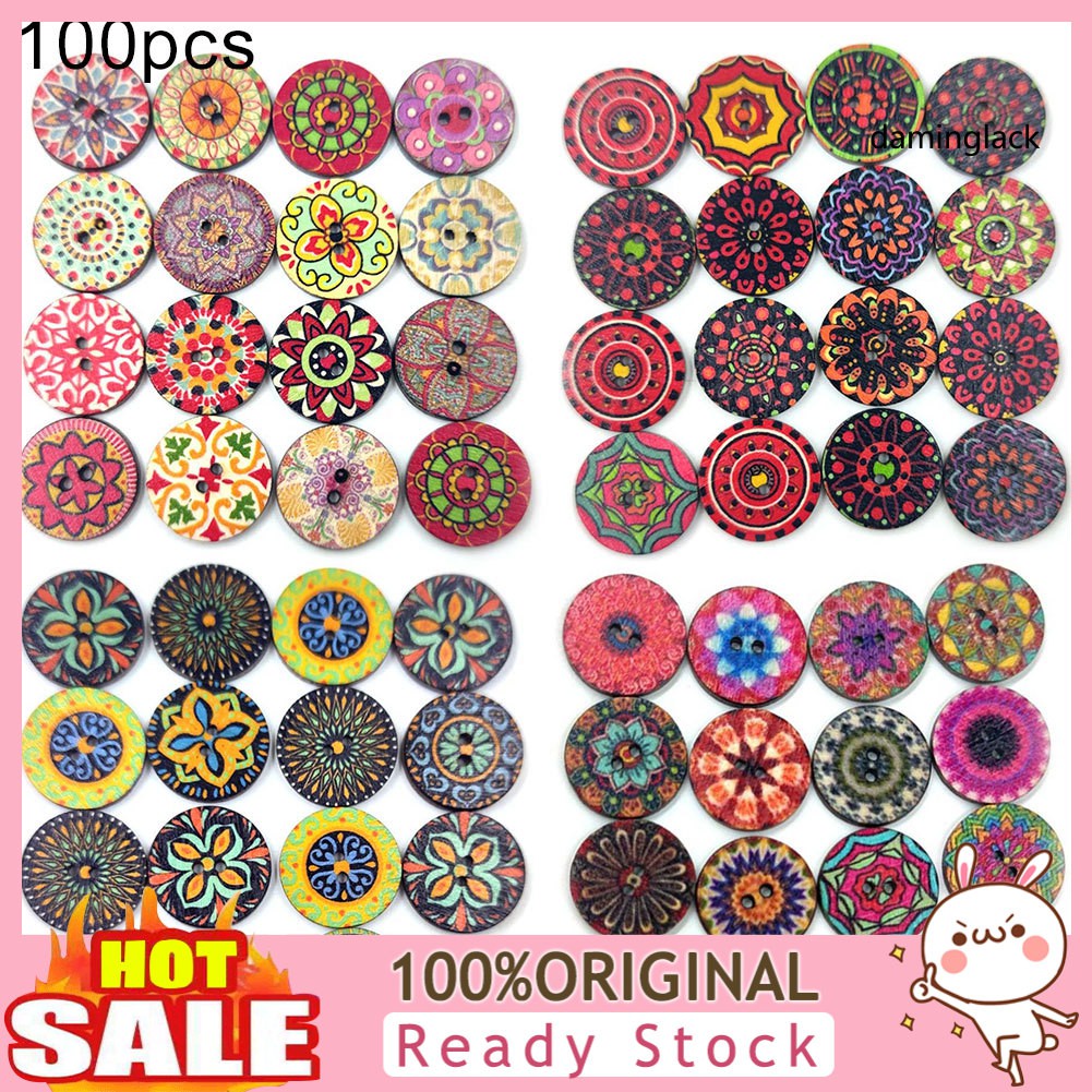 DAMH_100Pcs Bohemian Style Retro Pattern Round Shape Wooden Buttons Clothing Decor