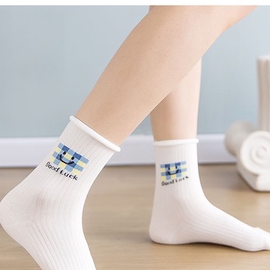 Vớ tất trắng cổ cao xoăn lai họa tiết Heho smile xanh pastel Ullzang