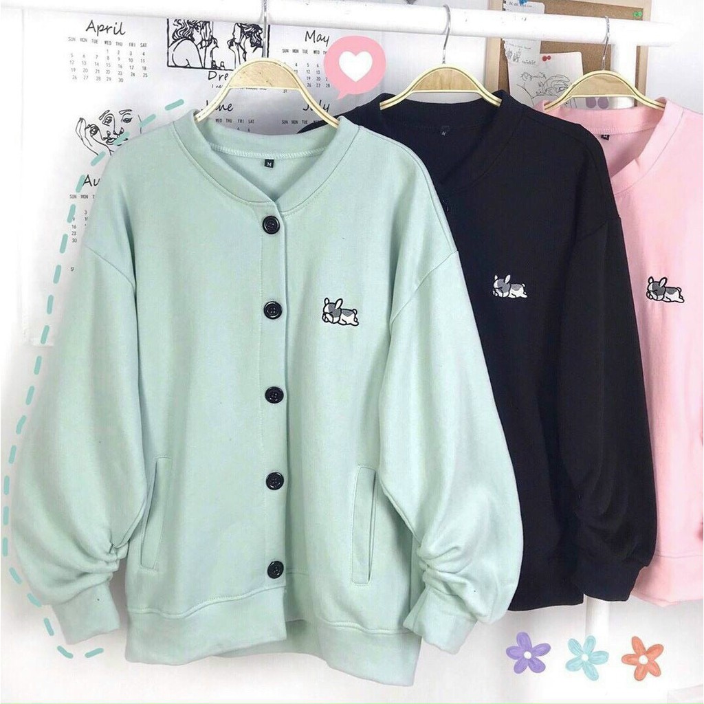 Áo khoác nỉ ulzzang form rộng tay dài cardigan PUPPY (ẢNH THẬT)