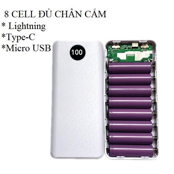 Box sạc dự phòng 8 khe pin dùng pin 18650 đủ chân cắm  typec micro usb ,Box sạc dự phòng