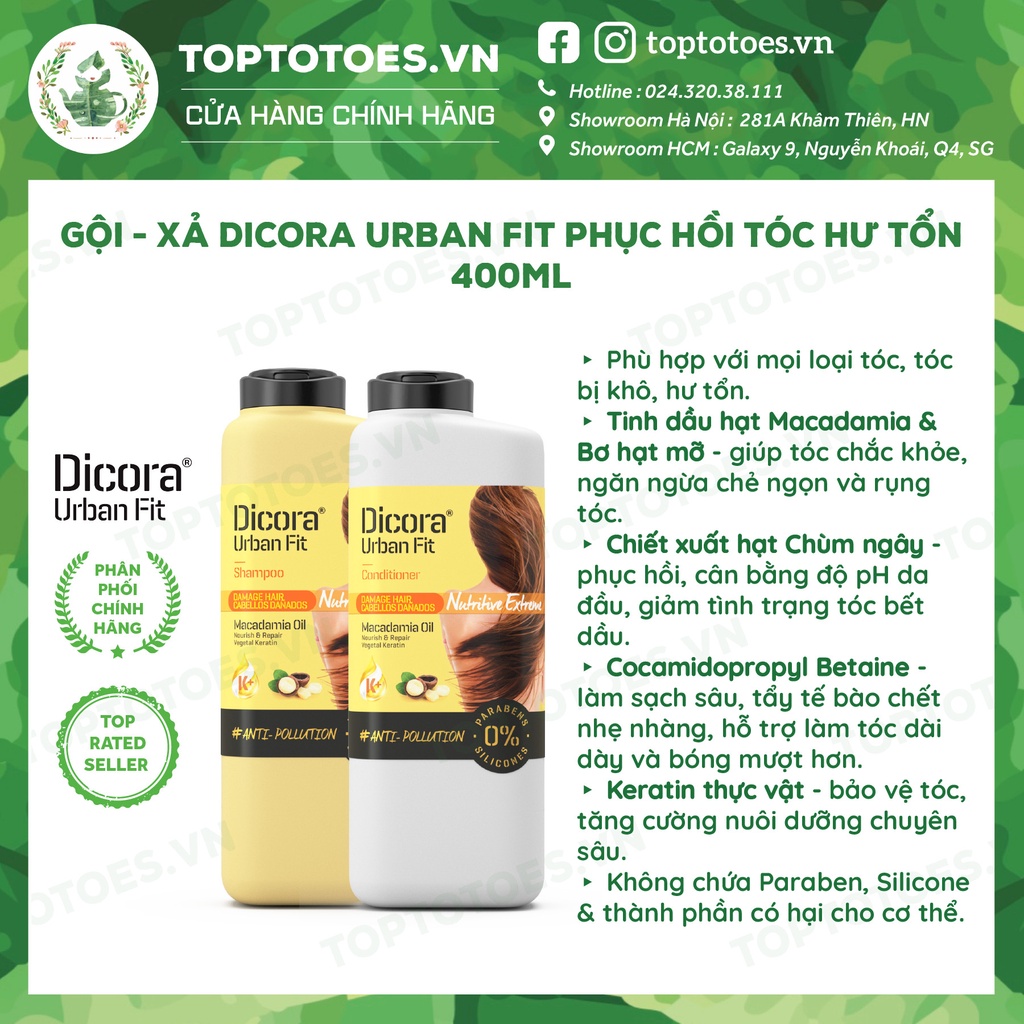 Dầu Gội - Xả Dicora Urban Fit chiết xuất tinh dầu Macadamia phục hồi tóc hư tổn - 400ml [NHẬP KHẨU CHÍNH HÃNG 100%]