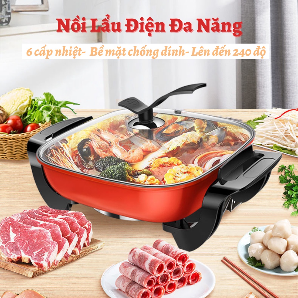 Nồi Lẩu Điện Chảo Vuông Bếp Lẩu Điện Kiểu Dáng Hàn Quốc Chống Dính Đa Năng An Toàn Cho Gia Đình