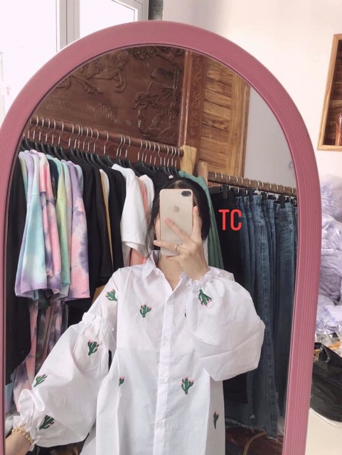 Set bộ Áo sơ mi trắng dài tay xương rồng, áo sơ mi tay phồng to rộng đèn lồng